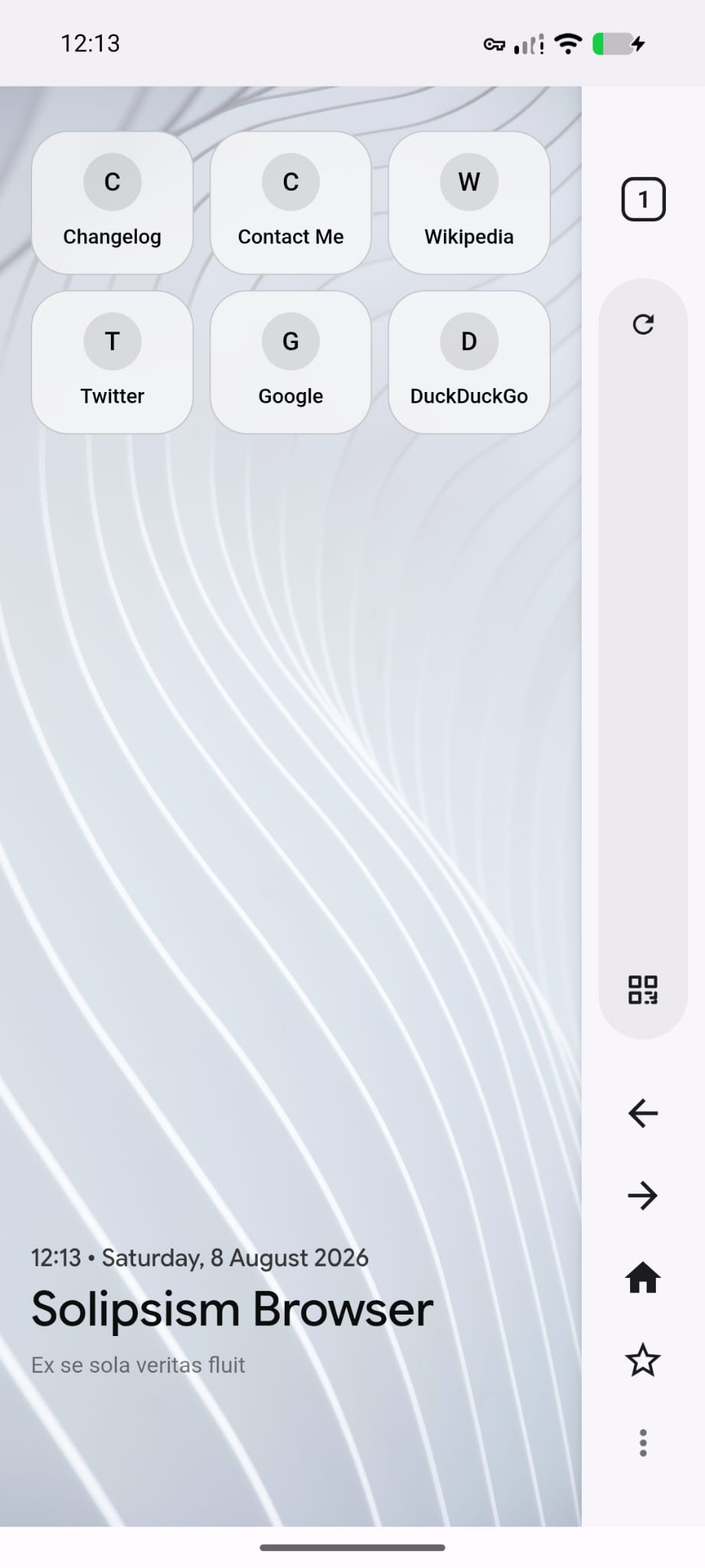 Solipsism Browser homepage in light mode with bookmark tiles and a right-side navigation rail