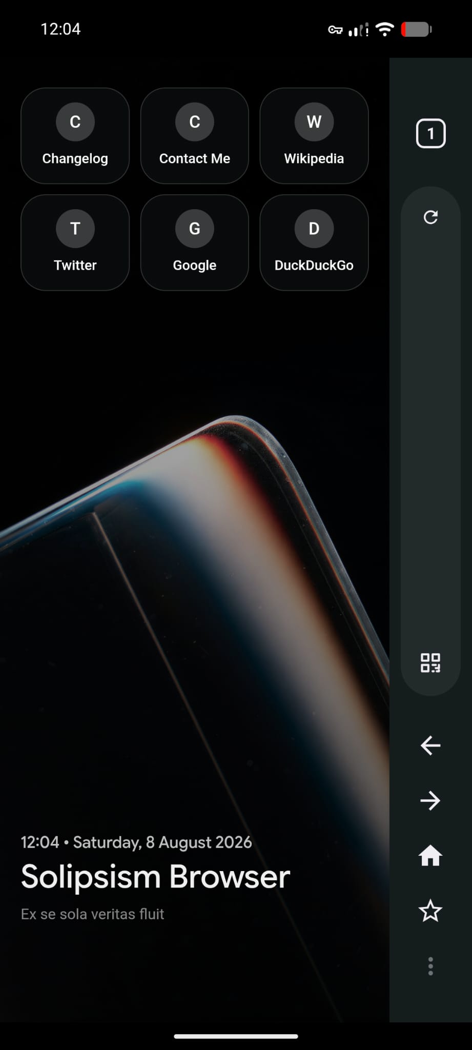 Solipsism Browser homepage in AMOLED-black mode with bookmark tiles and a right-side navigation rail